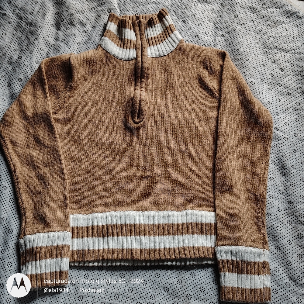 Chesley Tan and White Turtleneck Sweater with Striped Detailing
